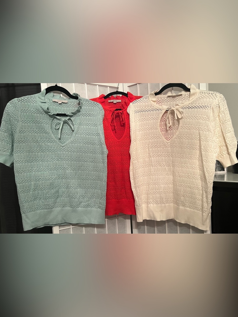 LOFT Set of Three Eyelet Knit Sweater Top with Tie Neck Size Large